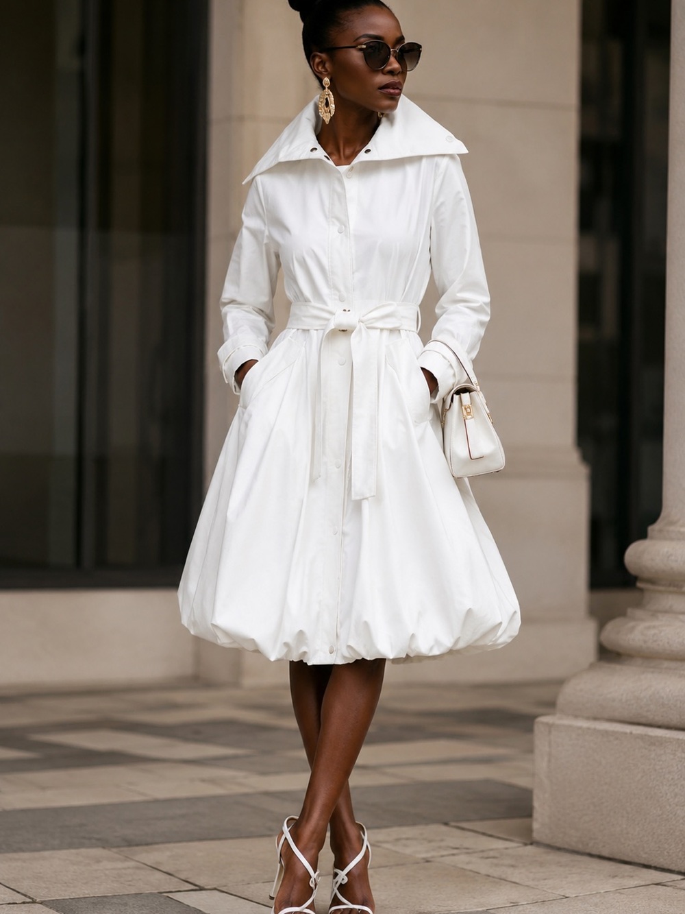 Samuel Dong Elegant White Belted Bubble Dress Coat